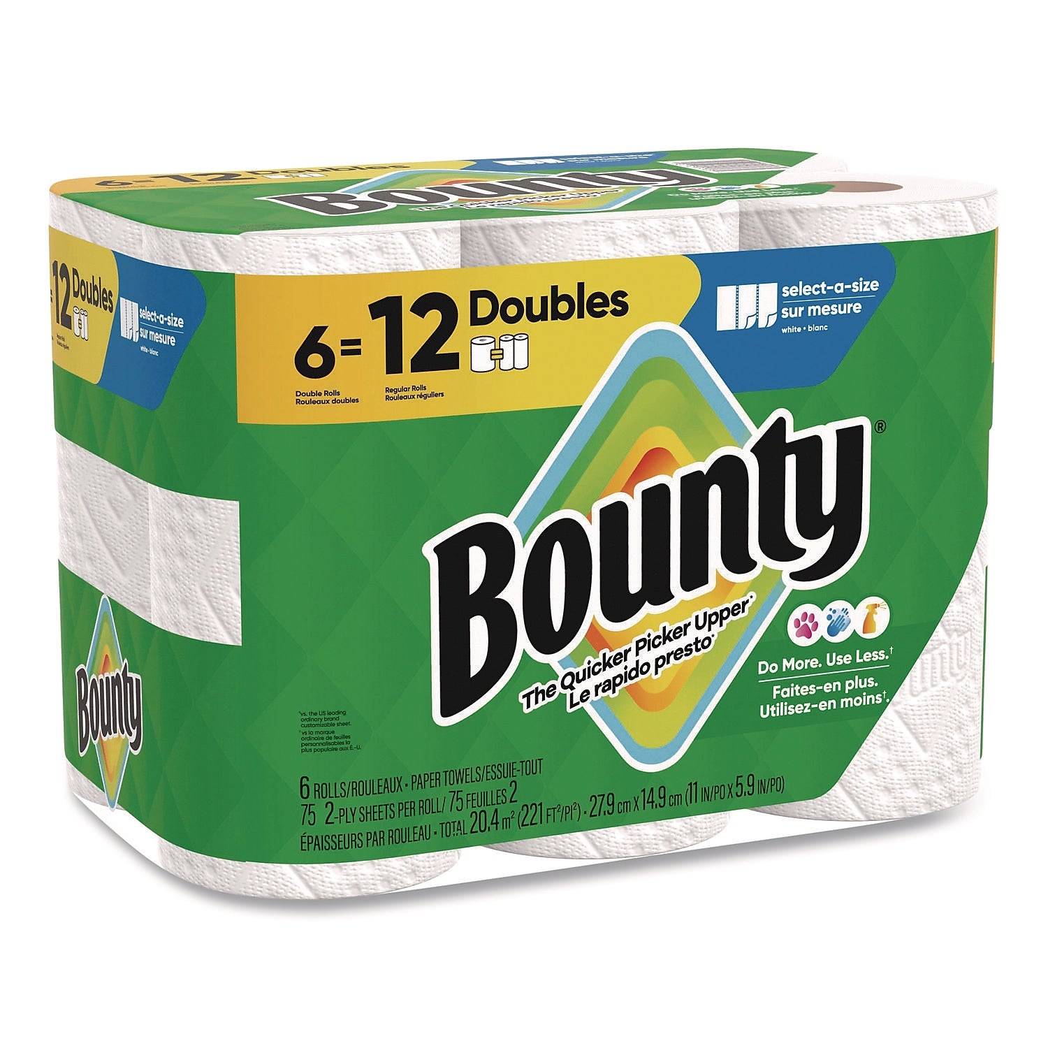 Bounty Select-a-Size Double Paper Towels, 2-Ply, 75 Sheets/Roll, 6 Rolls/Carton (80799709)