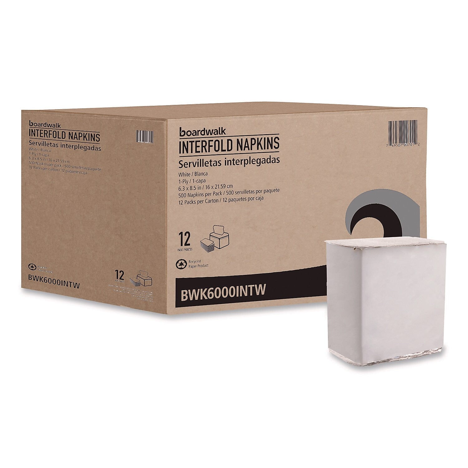 Boardwalk Napkin, 1-Ply, White, 500 Napkins/Pack, 12 Packs/Carton (BWK6000INTW)