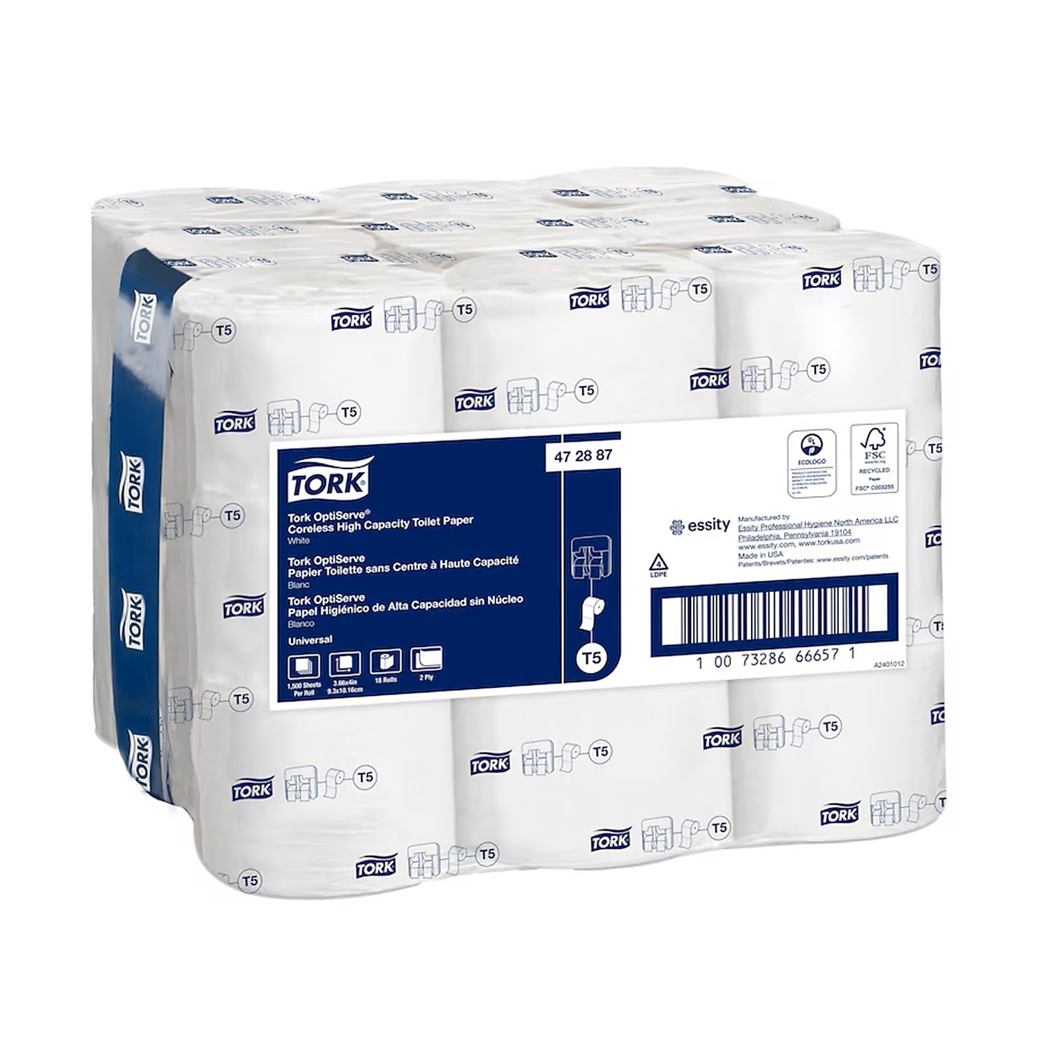 Tork OptiServe Coreless Toilet Paper, 2-Ply, White, 1500 Sheets/Roll, 18 Rolls/Case (472887)