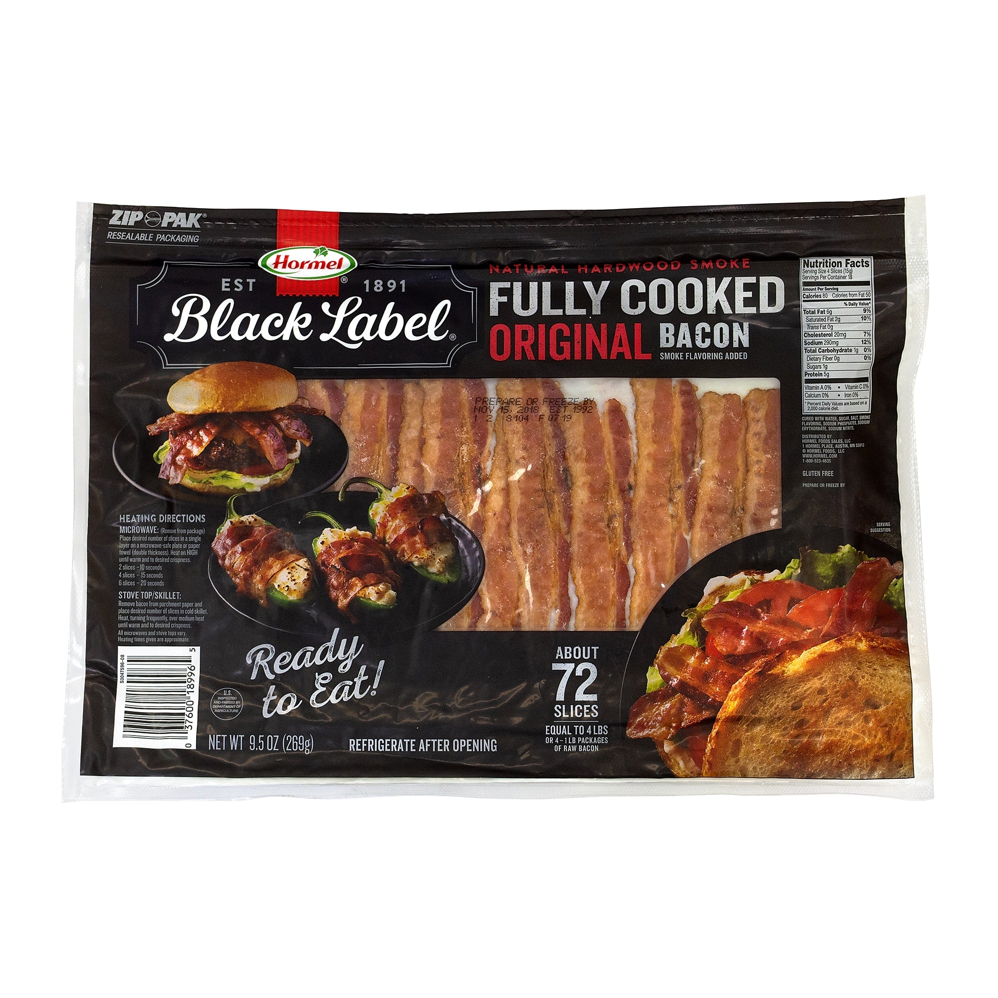 Hormel Fully Cooked Bacon, 9.5 oz., 72 Strips/Pack (272086)