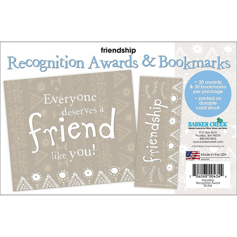 Barker Creek Friendship Awards & Bookmarks Set, 8.5" x 5.5”, Multicolored, 30/Pack (BC434)