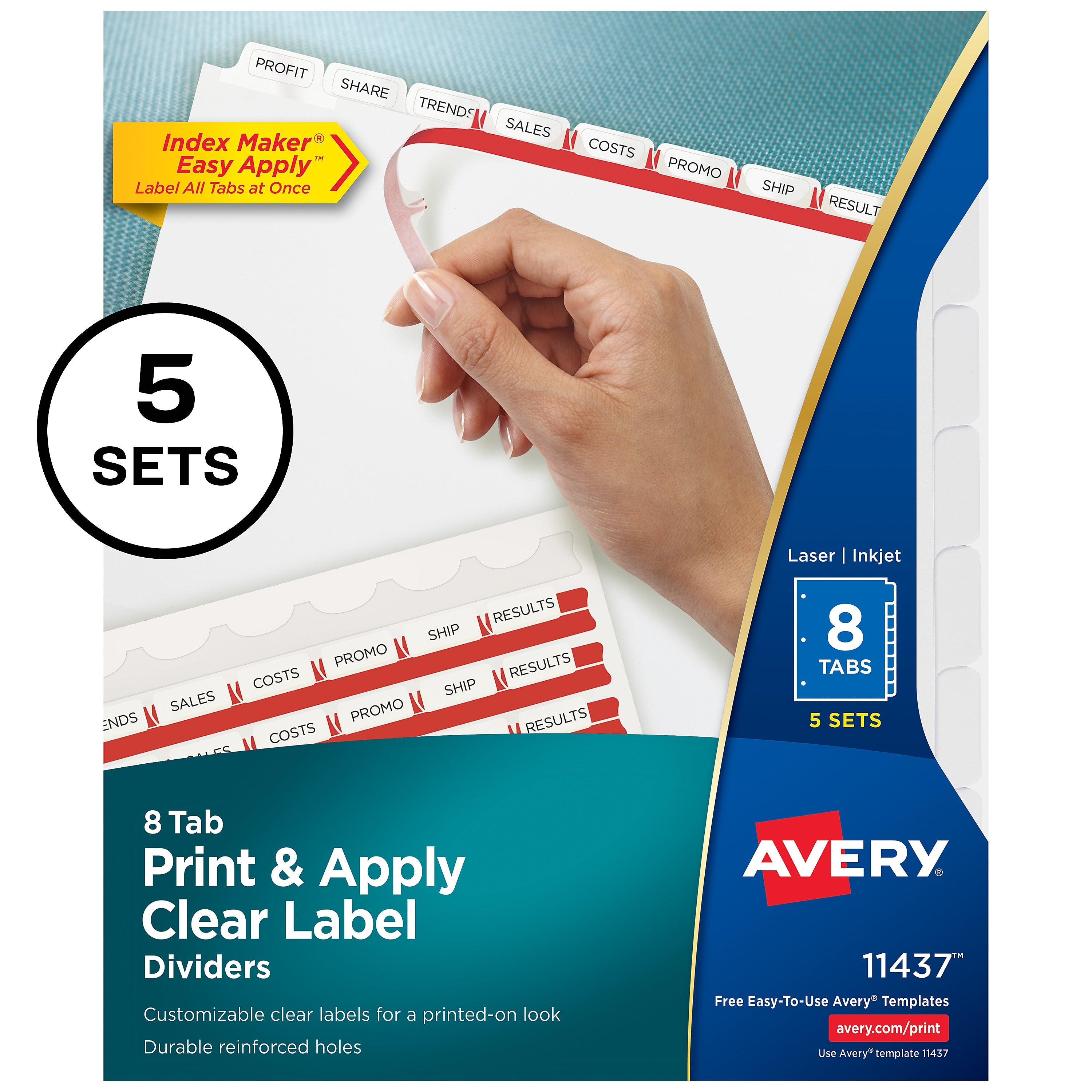 Avery Index Maker Paper Dividers with Print & Apply Label Sheets, 8 Tabs, White, 5 Sets/Pack (11437)