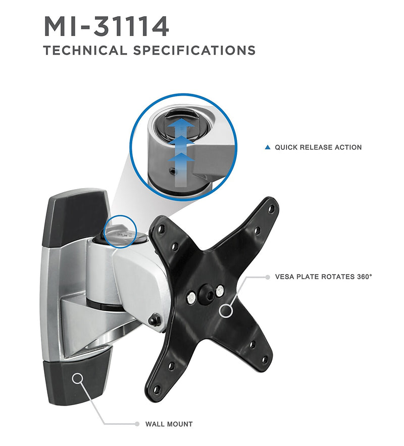 Mount-It! Modular Mount Adjustable Monitor Mount, Up to 30" Monitors, Gray/Silver (MI-31114)