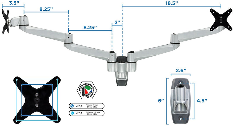 Mount-It! Modular Dual Adjustable Monitor Arms, Up to 30" Monitors, Gray/Silver (MI-43114)