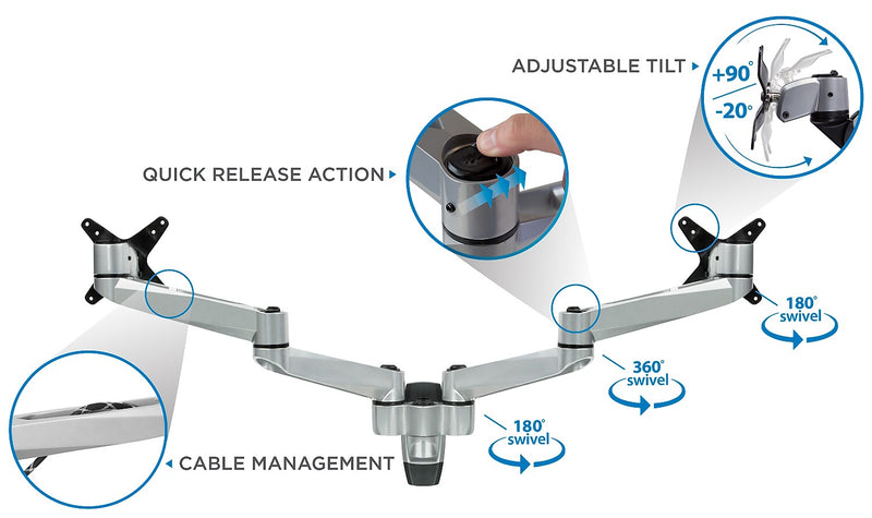 Mount-It! Modular Dual Adjustable Monitor Arms, Up to 30" Monitors, Gray/Silver (MI-43114)