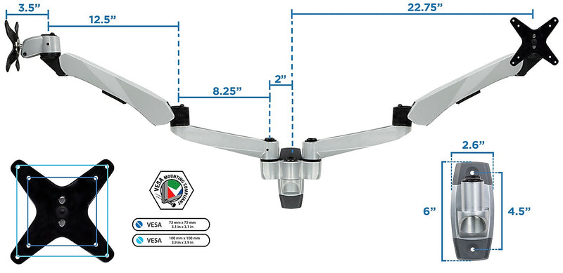 Mount-It! Modular Dual Adjustable Monitor Arms, Up to 30" Monitors, Gray/Silver (MI-45114)