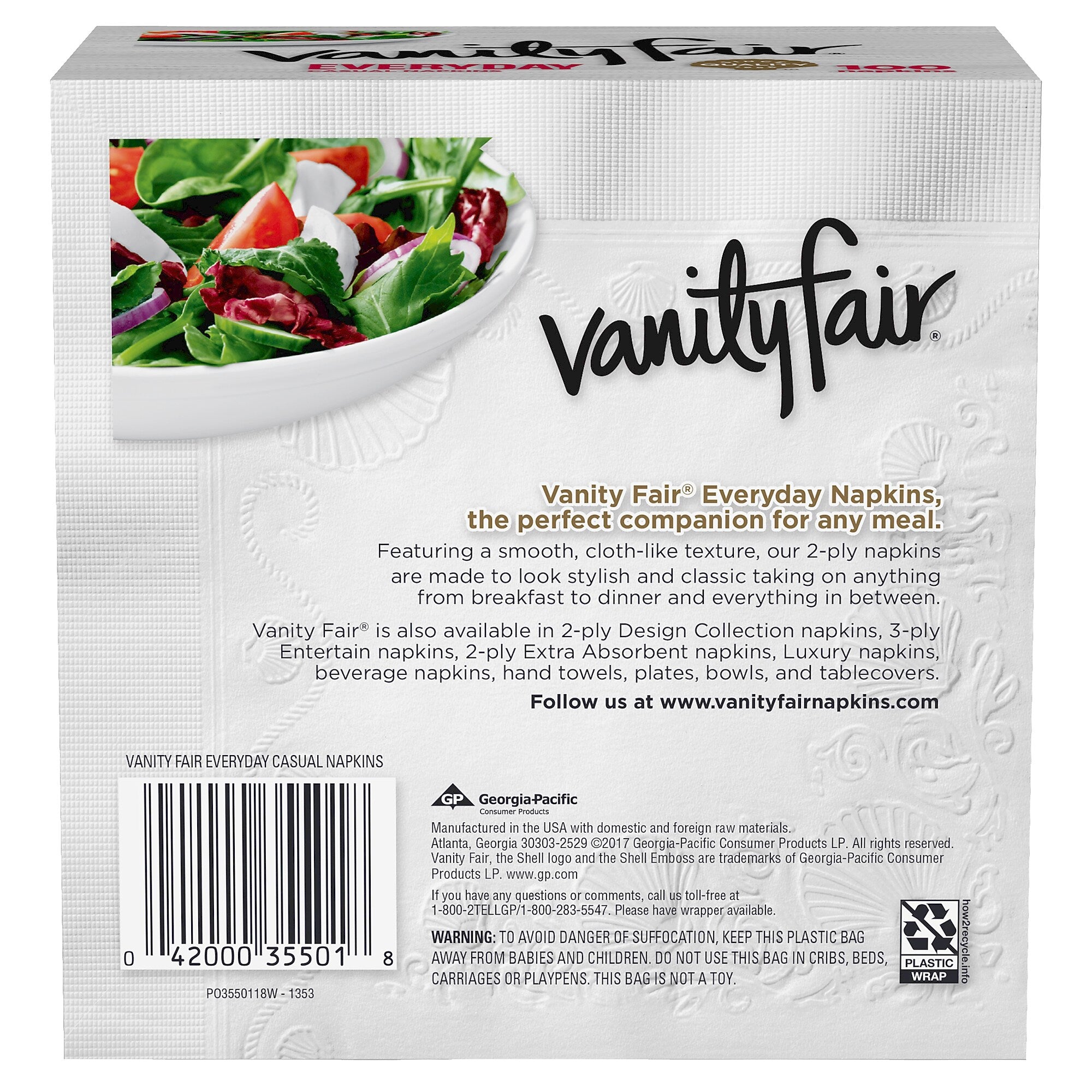 Vanity Fair Everyday Luncheon Napkins, 2-Ply, White, 100/Pack (35501)