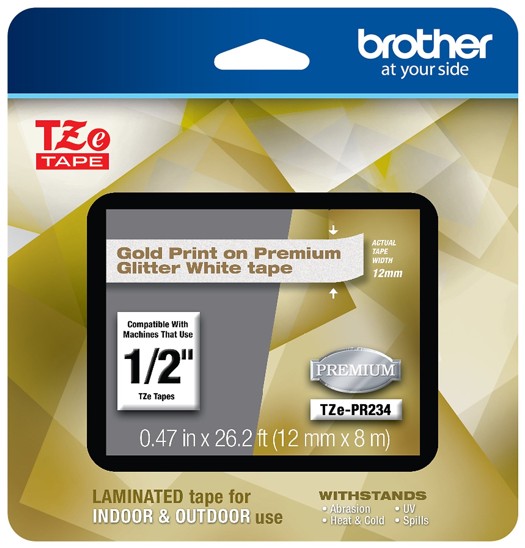 Brother P-touch TZe-PR234 Laminated Premium Label Maker Tape, 1/2" x 26-2/10', Gold on Glitter White (TZe-PR234)