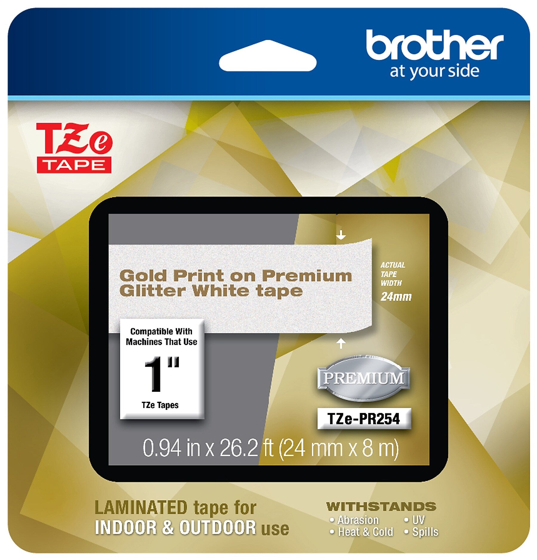 Brother P-touch Laminated Tape, 1", Gold Print on Premium Glitter White (TZe-PR254)