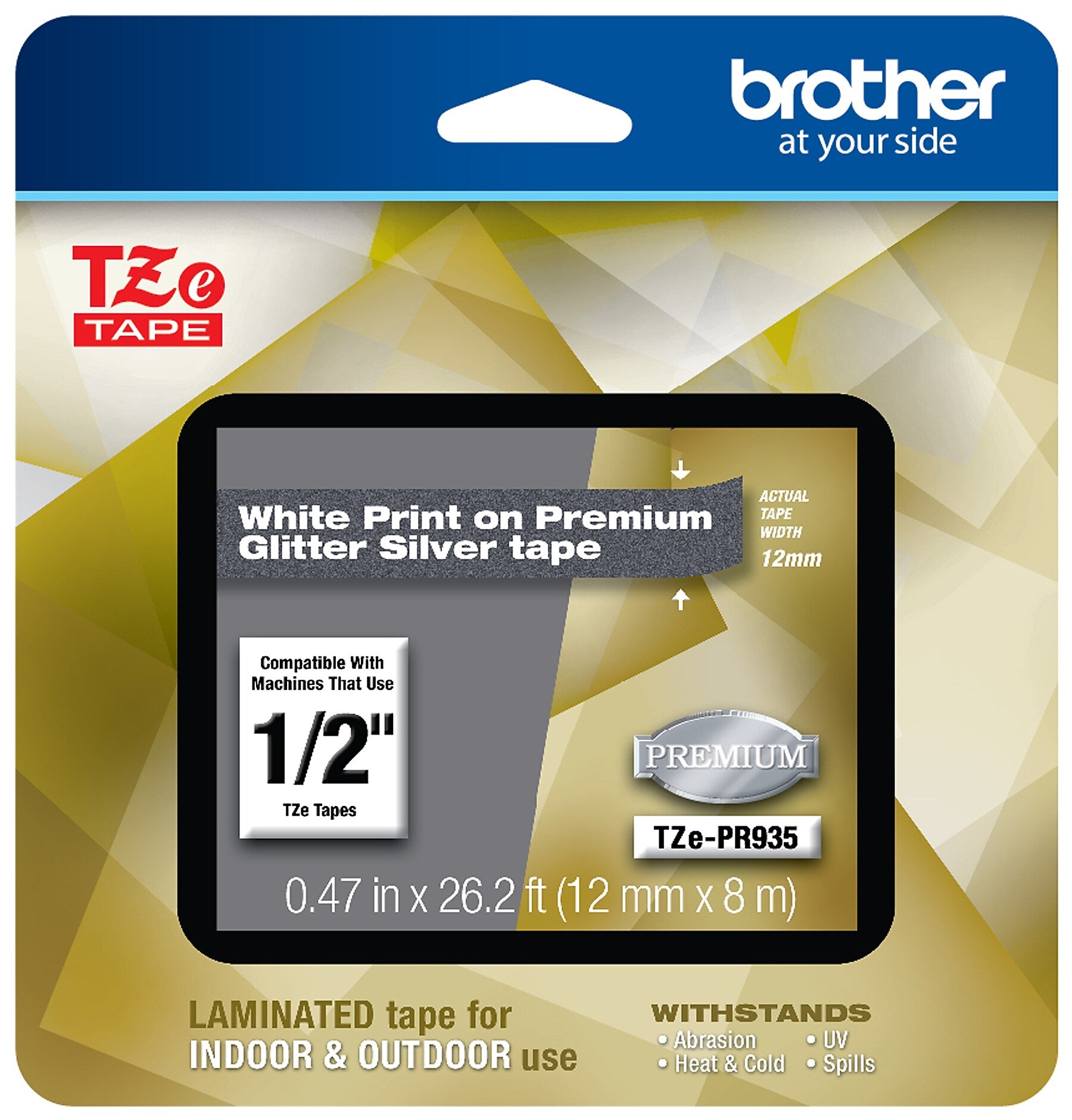 Brother P-touch TZe-PR935 Laminated Premium Label Maker Tape, 1/2" x 26-2/10', White on Glitter Silver (TZe-PR935)