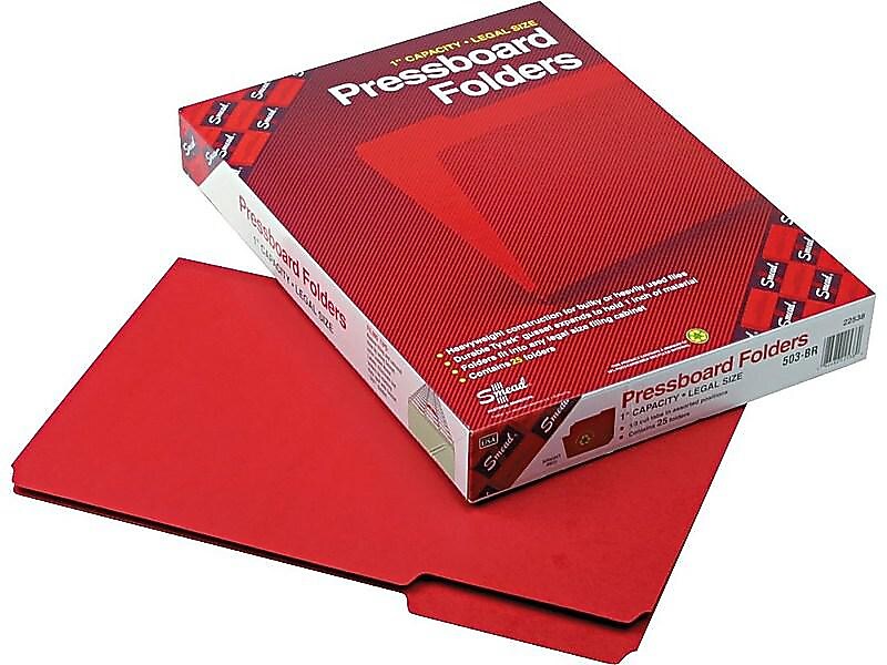 Smead 50% Recycled Pressboard File Folder, 1/3-Cut Tab, 1" Expansion, Legal Size, Bright Red, 25 per Box (22538)