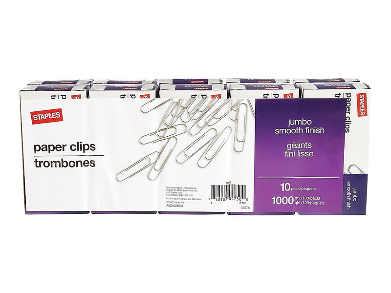 Staples Smooth Jumbo Paper Clips, 100/Box, 100 Boxes/Carton (72578CT)