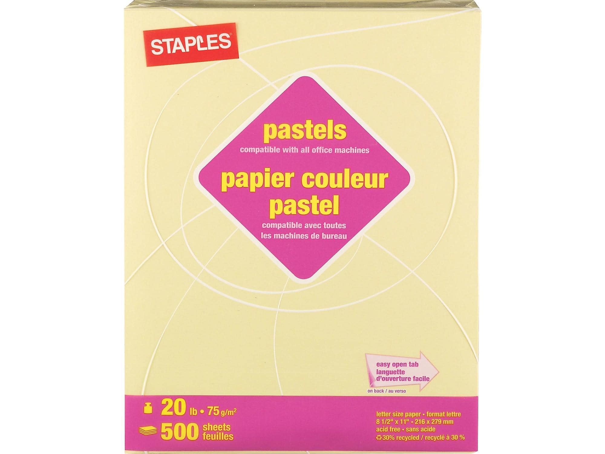 Staples 30% Recycled Copy Colored Paper, 20 lbs., 8.5" x 11", Canary, 600,000 Sheets/Pallet (CANPALLET8.5X11)