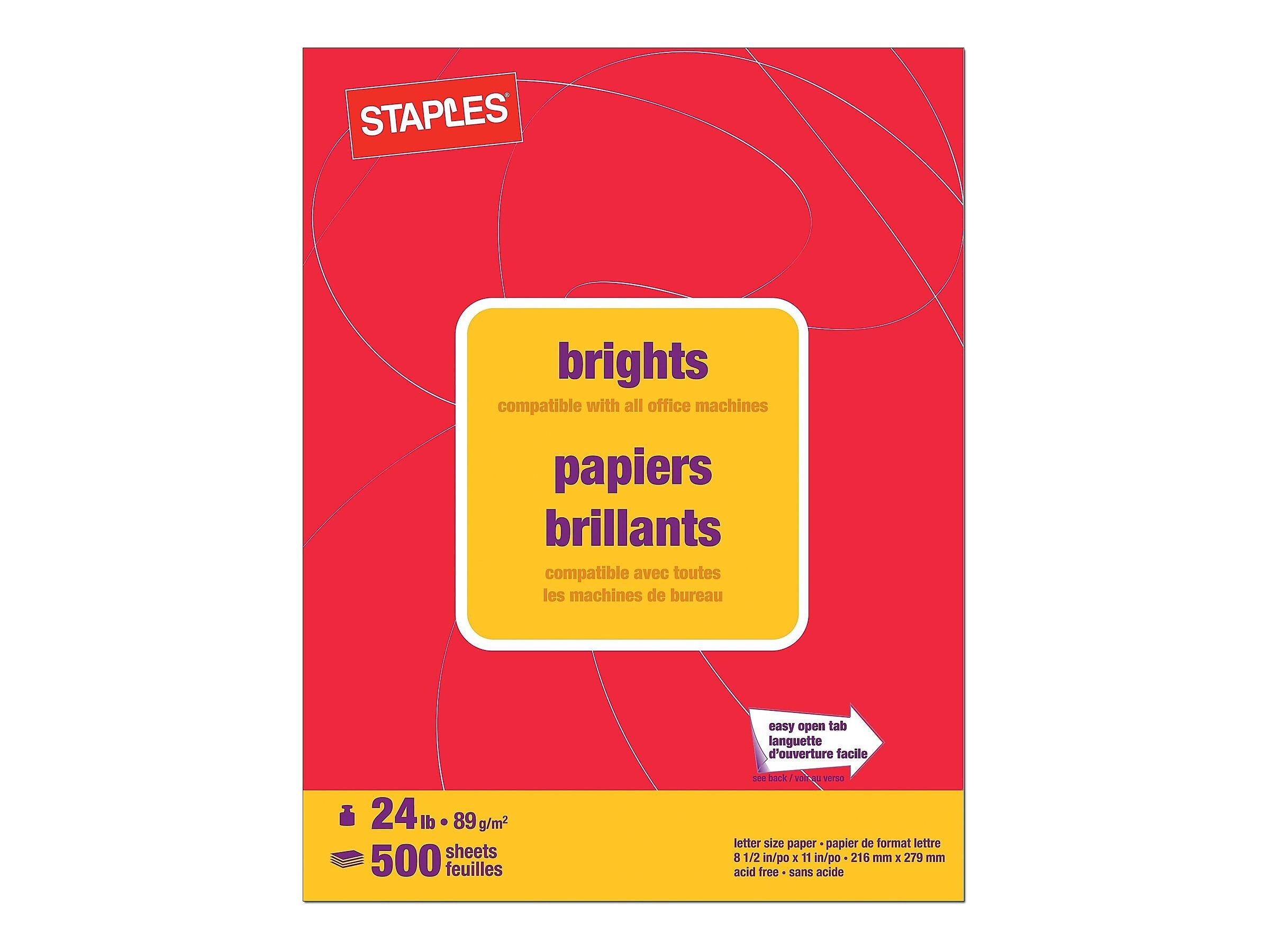 Staples Brights Multipurpose Colored Paper, 24 lb, 8.5" x 11", Red, 500/Ream, 10 Reams/Carton (20104A)