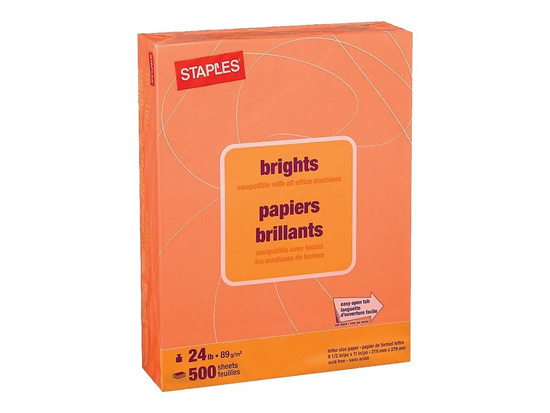 Staples Brights Multipurpose Paper, 24 lbs., 8.5" x 11", Orange, 500/Ream (20108)
