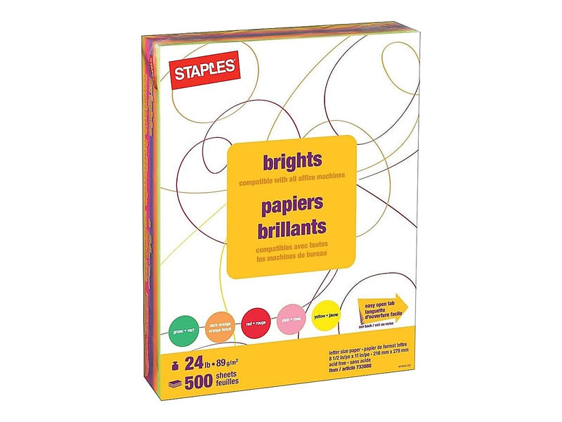 Staples Brights Multipurpose Paper, 24 lbs., 8.5" x 11", Assorted, 500/Ream (20200)