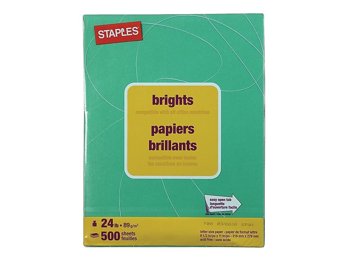 Staples Brights Multipurpose Colored Paper, 24 lb, 8.5" x 11", Dark Green, 500/Ream, 10 Reams/Carton (20103A)