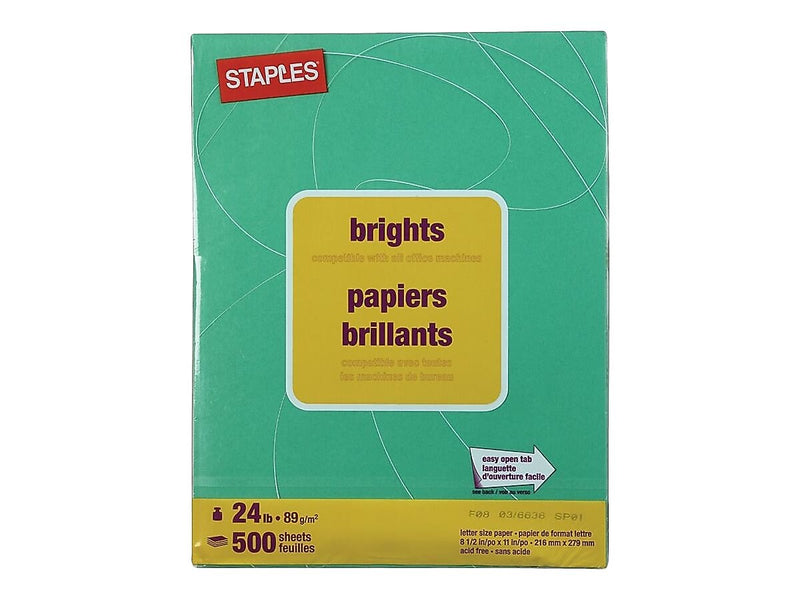 Staples Brights Multipurpose Colored Paper, 24 lb, 8.5" x 11", Dark Green, 500/Ream, 10 Reams/Carton (20103A)