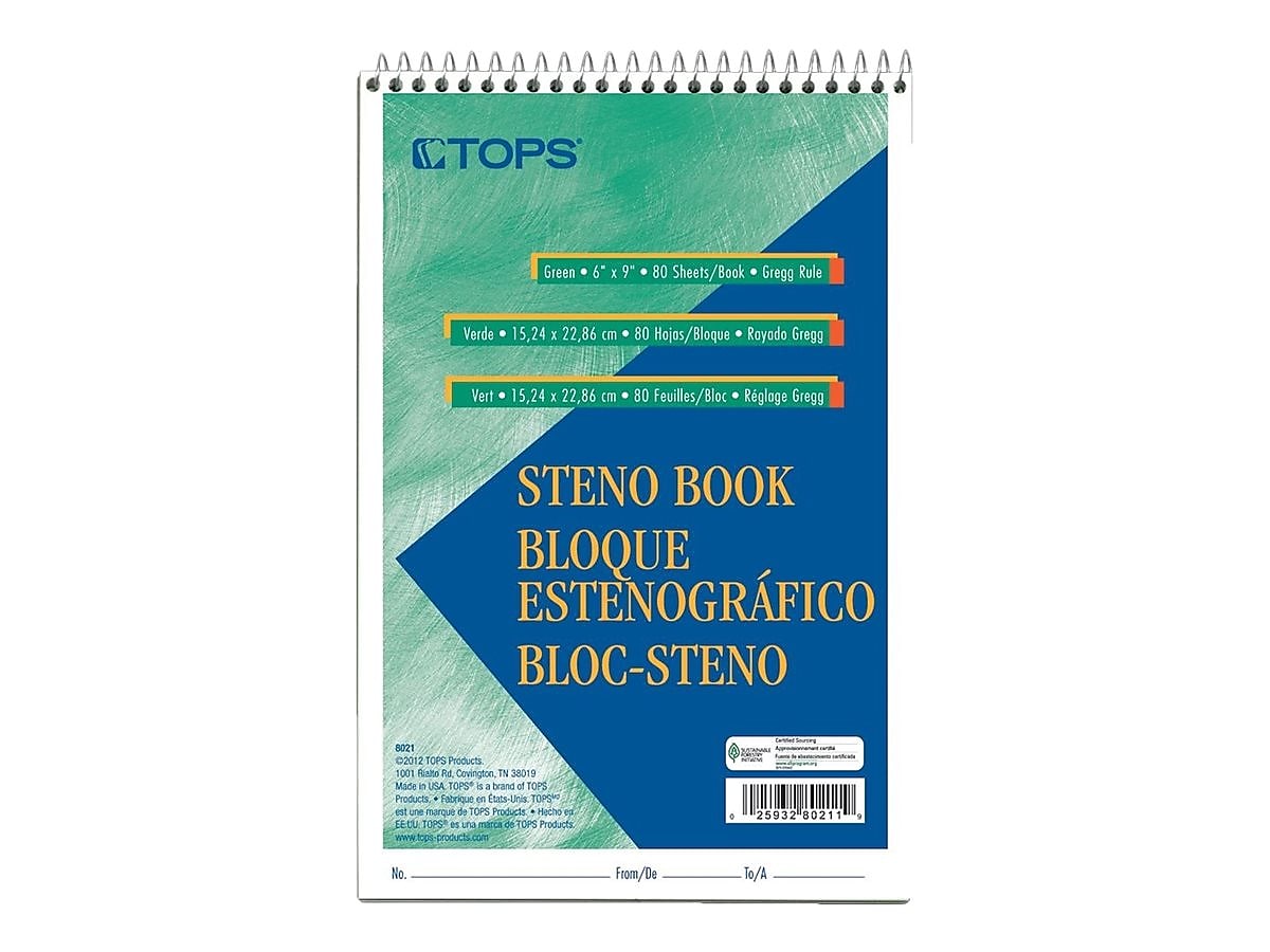 TOPS Steno Pad, 6" x 9", Gregg, Green Tint, 80 Sheets/Pad (TOP8021)