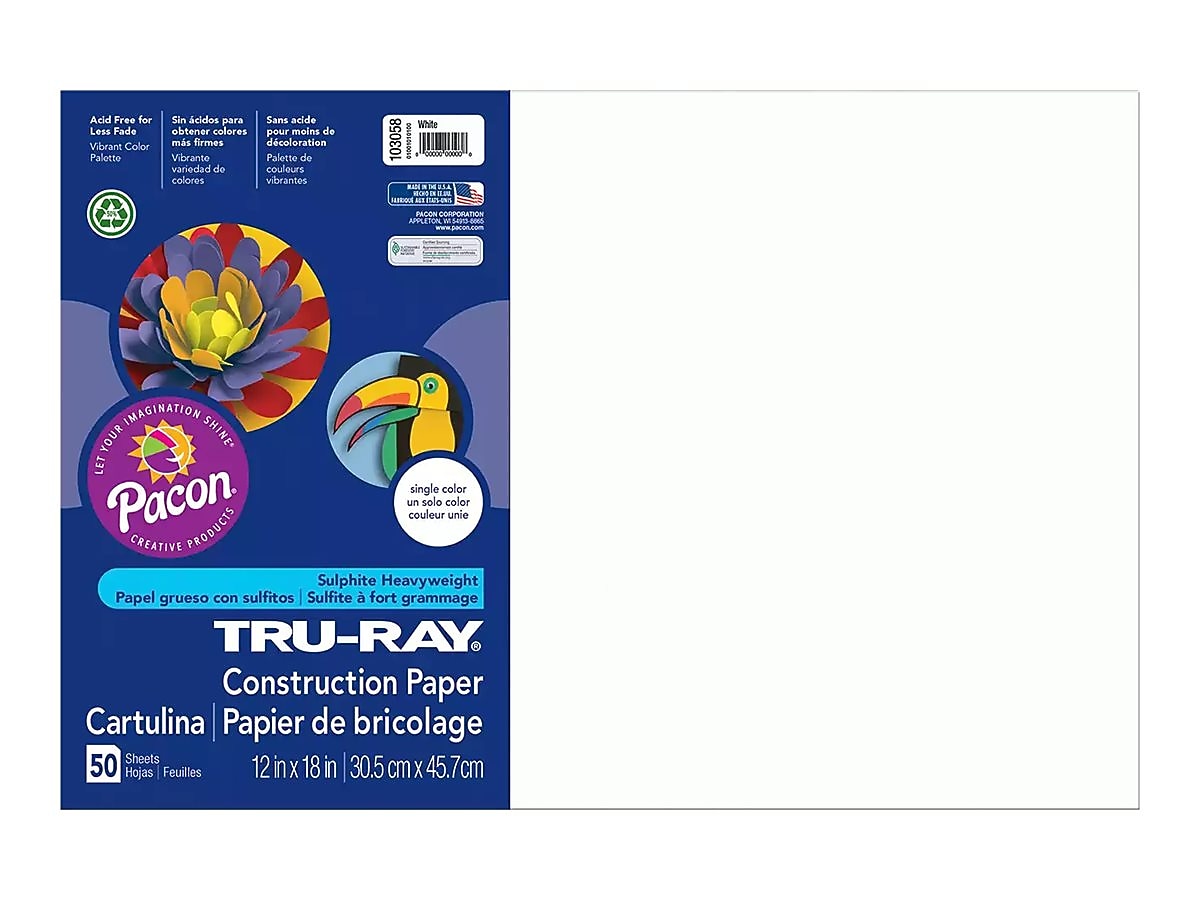 Tru-Ray 12" x 18" Construction Paper, White, 50 Sheets (P103058)