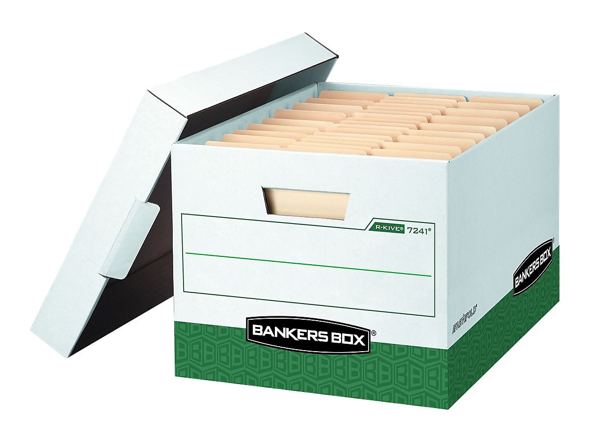 Bankers Box R-Kive Heavy-Duty FastFold File Storage Boxes, Lift-Off Lid, Letter/Legal Size, White/Green, 12/Carton (07241)