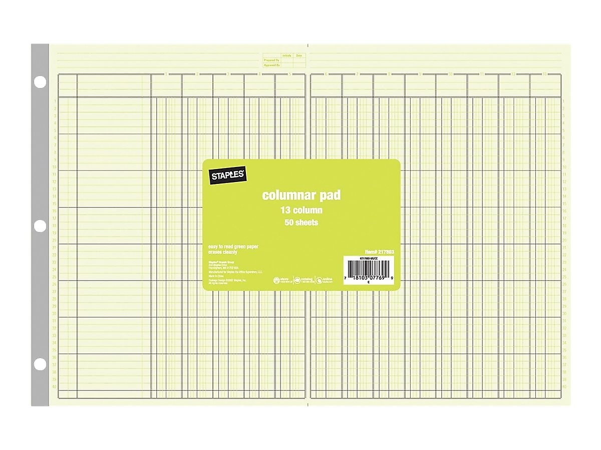 Staples 13 Columns Columnar Book, 16.31"W x 11"H, Green (ST18868)