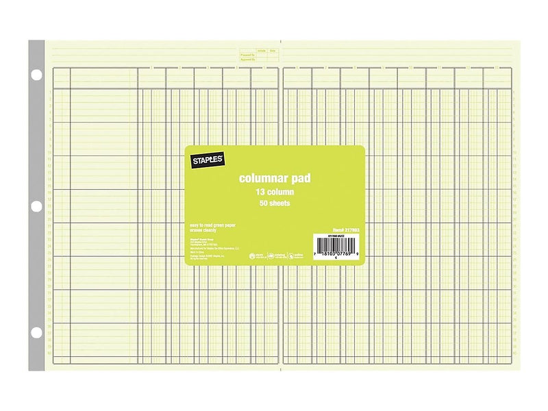 Staples 13 Columns Columnar Book, 16.31"W x 11"H, Green (ST18868)