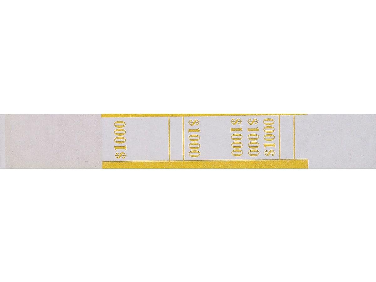 Pap-R Products Currency Straps, White with Yellow Print 1000/Pack (401000)