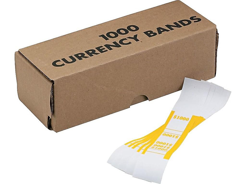Pap-R Products Currency Straps, White with Yellow Print 1000/Pack (401000)