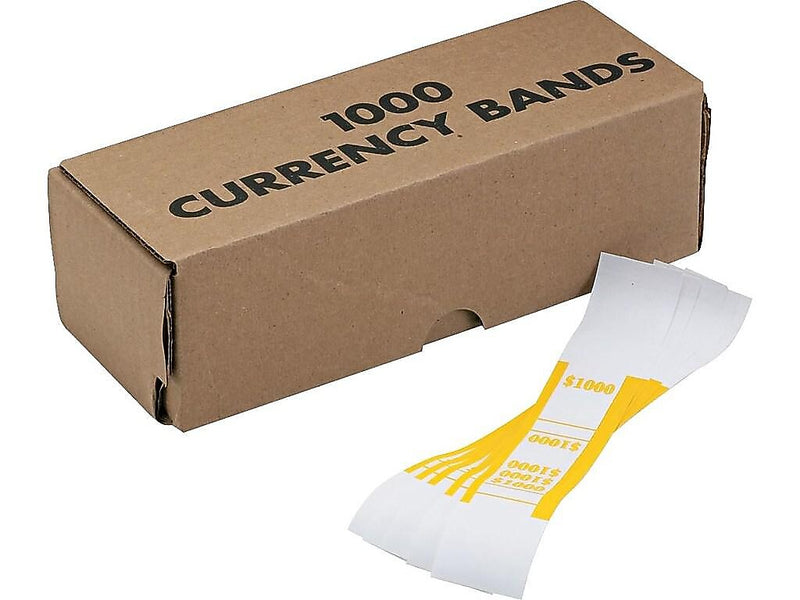 Pap-R Products Currency Straps, White with Yellow Print 1000/Pack (401000)