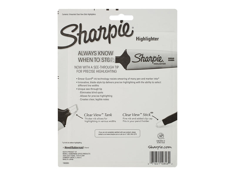Sharpie Clear View Highlighter, Chisel Tip, Assorted, 8/Pack (1966798/2128218)
