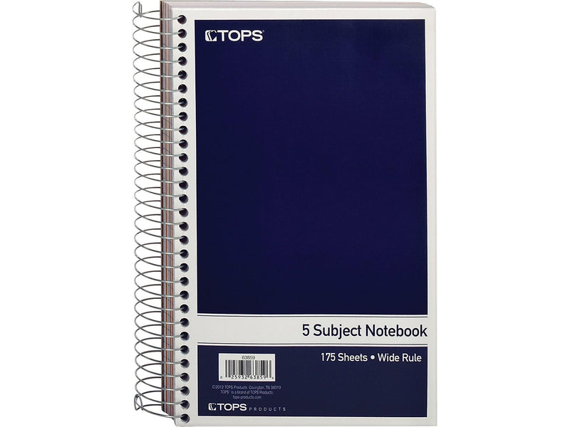 Oxford 5-Subject Subject Notebooks, 6" x 9.5", Wide Ruled, 175 Sheets, Blue (63859)