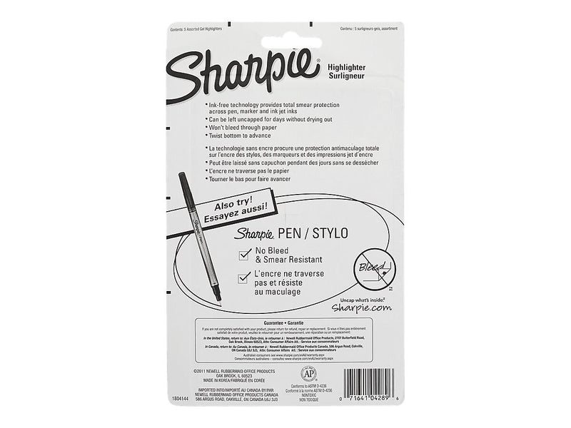 Sharpie Gel Stick Highlighter, Bullet Tip, Assorted, 5/Pack (1803277)