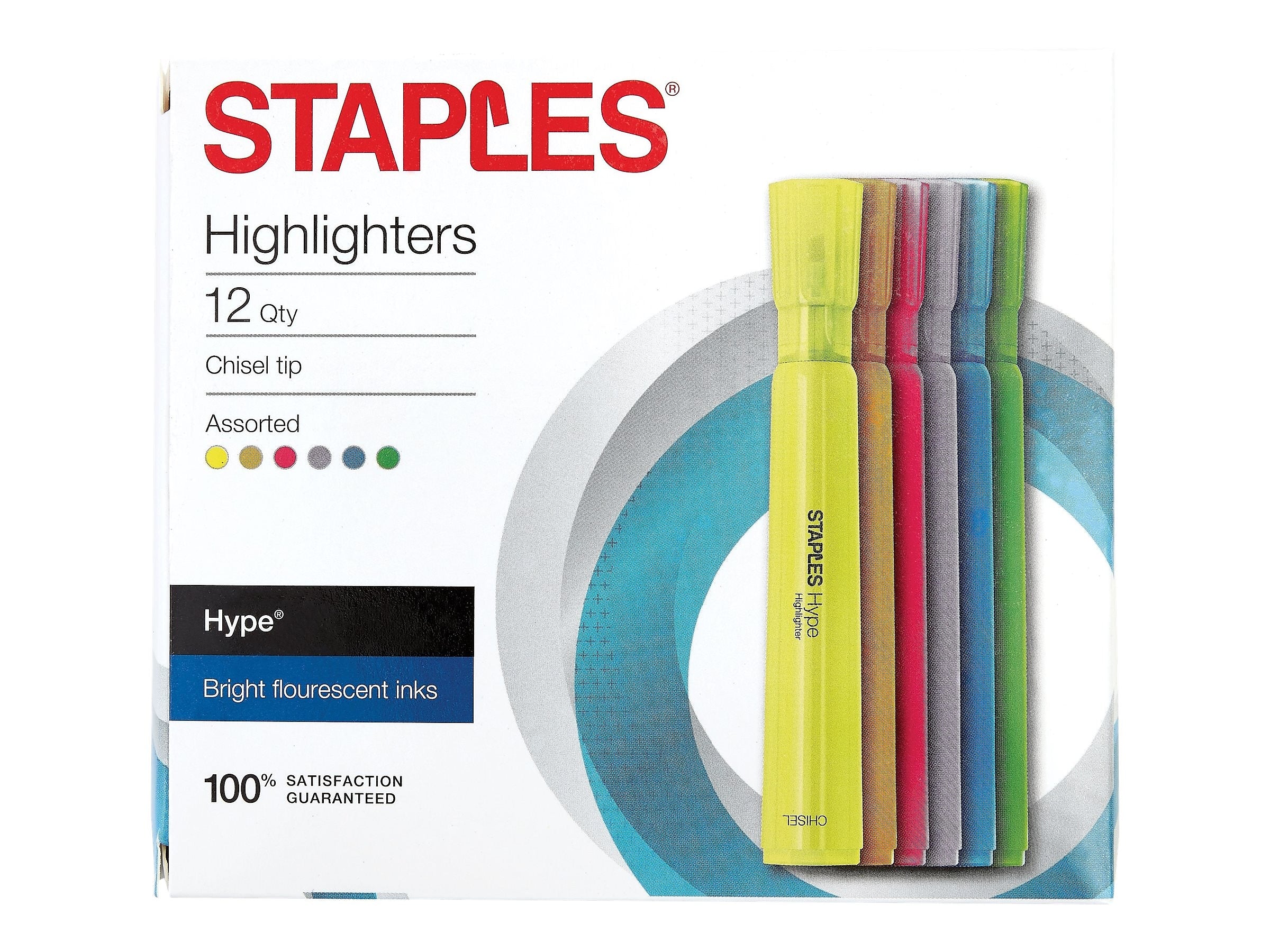 Staples Hype Tank Highlighters, Chisel Tip, Assorted, Dozen (29204-CC)