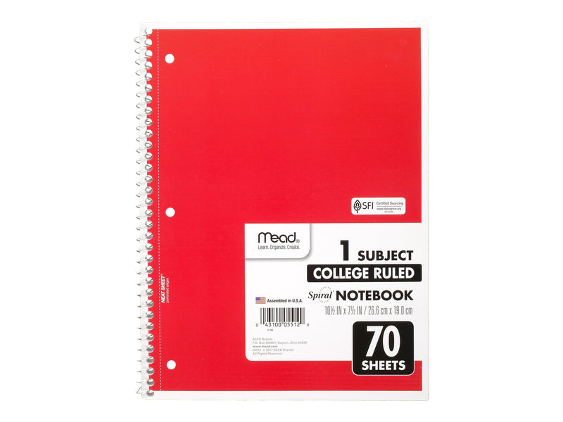 Mead 1-Subject Notebooks, 8" x 10.5", College Ruled, 70 Sheets, 24/Carton (MEA05512-CT)