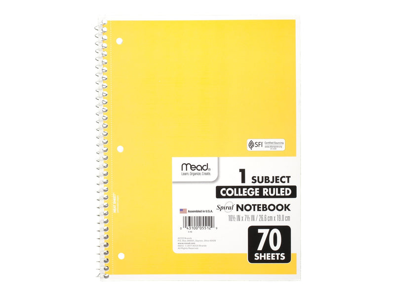 Mead 1-Subject Notebooks, 8" x 10.5", College Ruled, 70 Sheets, 24/Carton (MEA05512-CT)