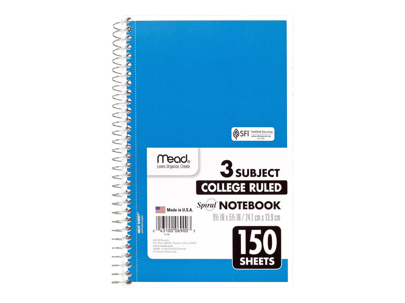 Mead Spiral 3-Subject Notebooks, 5.5" x 9.5", College Ruled, 150 Sheets, Assorted Colors (06900)