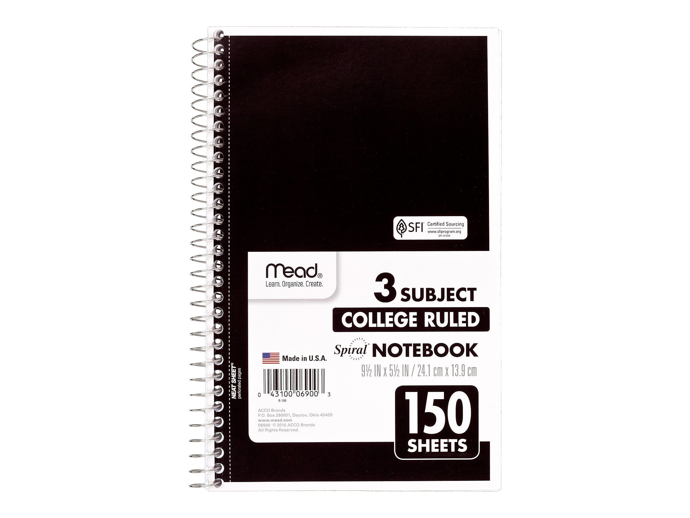 Mead 3-Subject Notebooks, 6" x 9.5", College Ruled, 150 Sheets, Assorted Colors, 12/Carton (06900CT)