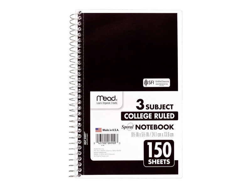 Mead Spiral 3-Subject Notebooks, 5.5" x 9.5", College Ruled, 150 Sheets, Assorted Colors (06900)