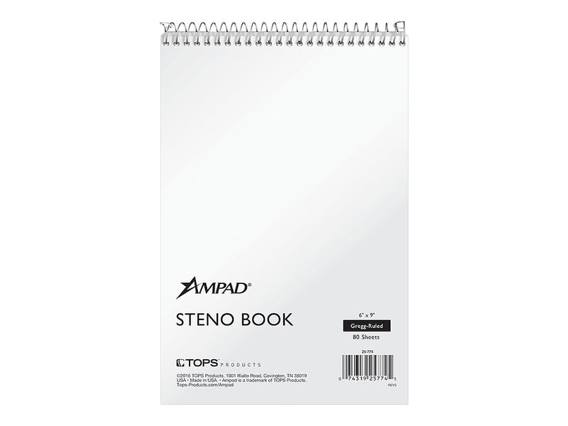 Ampad Steno Pad, 6" x 9", Gregg Ruled, White, 80 Sheets/Pad (TOP 25-774)