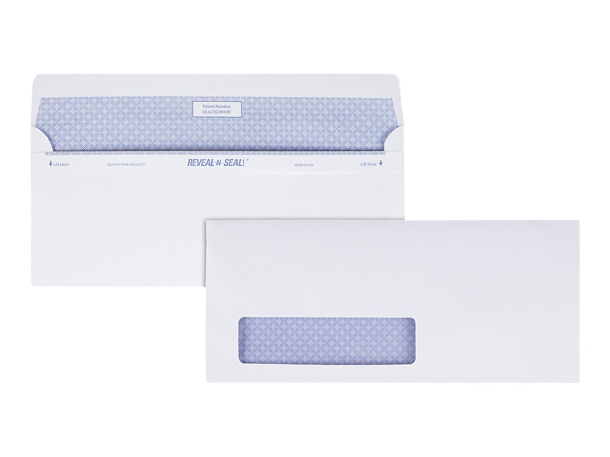 Quality Park Reveal-N-Seal Security Tinted #10 Window Envelope, 4 1/8" x 9 1/2", White Wove, 500/Box (67418)