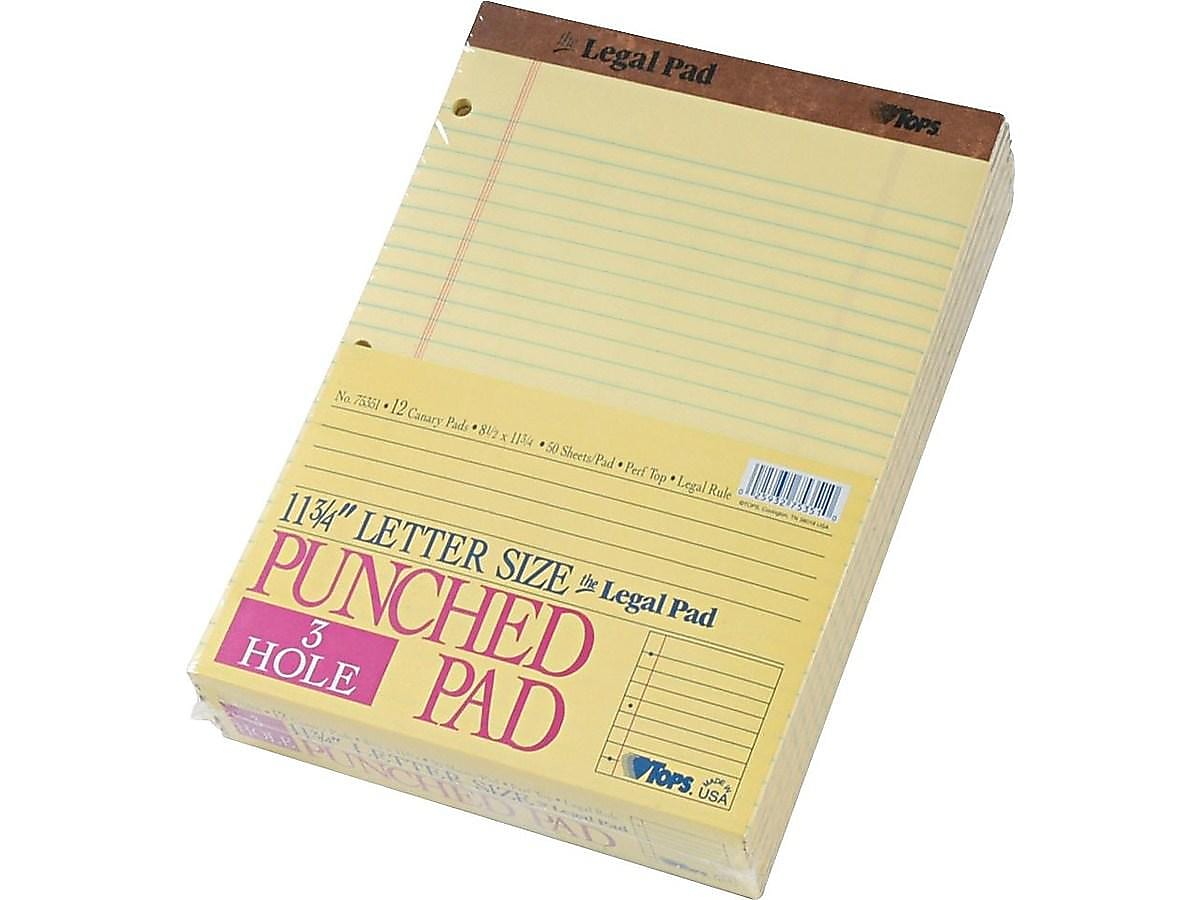 TOPS Legal Notepad, 8.5" x 11.75", Wide Ruled, Canary Yellow, 50 Sheets/Pad, 12 Pads/Pack (TOP 75351)