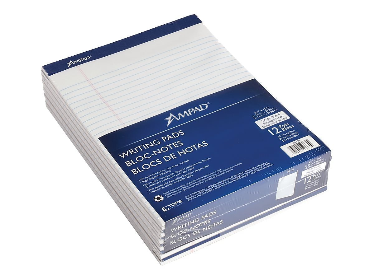 Ampad Evidence Notepad, 8.5" x 11.75", Wide Ruled, White, 50 Sheets/Pad, 12 Pads (20-170)