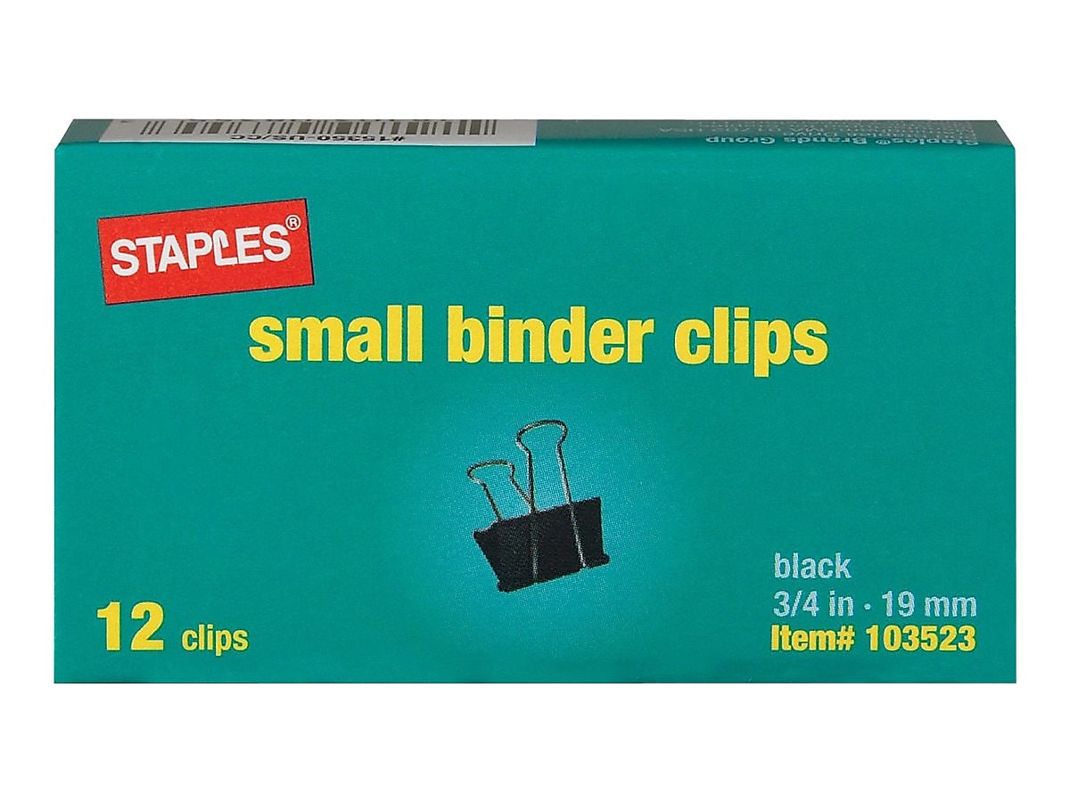 Staples Small Binder Clips, 0.38" Capacity, Black, 12 Clips/Pack (15350)