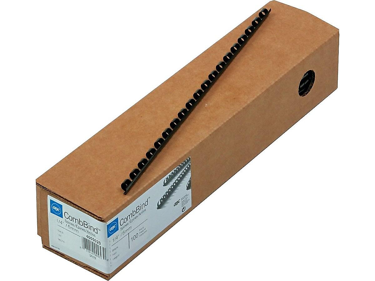 GBC CombBind 1/4" Plastic Binding Spine Comb, 25 Sheet Capacity, Black, 100/Box (4000020)