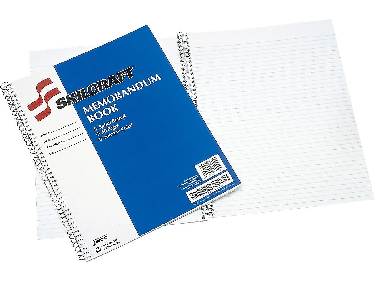 AbilityOne SKILCRAFT Memorandum 1-Subject Professional Notebooks, 8.5" x 11", 50 Narrow Sheets, Blue, 12/Pack (7530-00-286-6952)