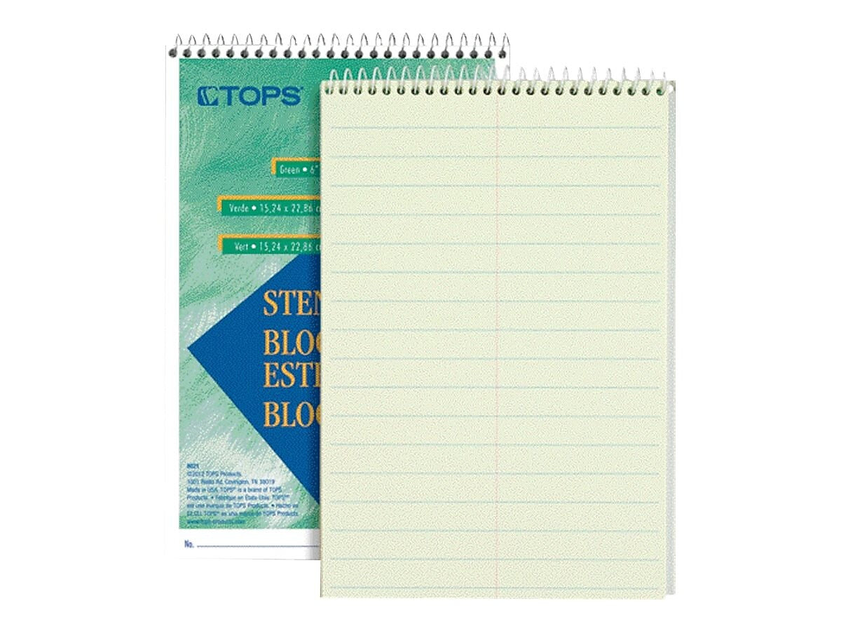TOPS Steno Pad, 6" x 9", Gregg Ruled, Green tint, 60 Sheets/Pad (TOP 8001)