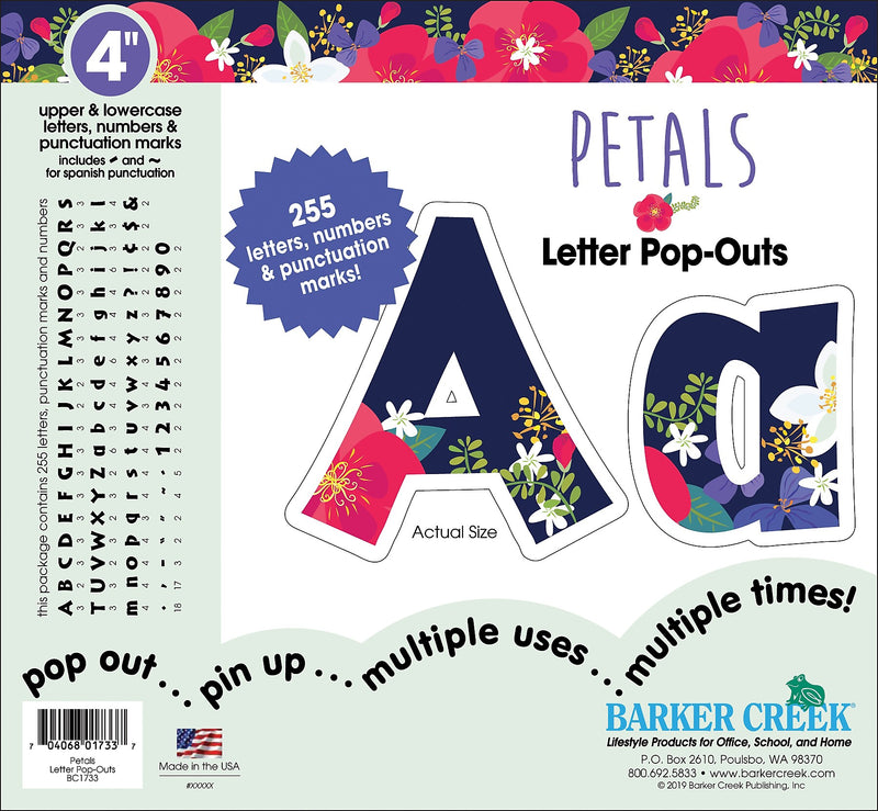 Barker Creek Petals & Prickles  4" Letters and Numbers, Multicolored, 255/Pack (BC1733)