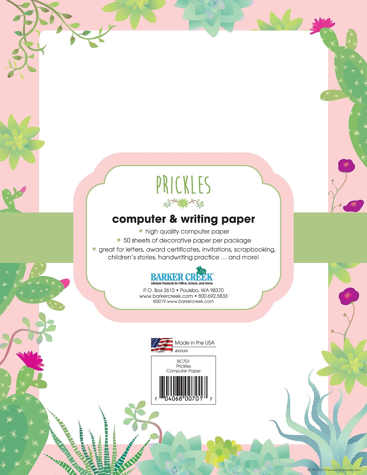 Barker Creek Petals & Prickles Computer Paper, 8.5" x 11", 60 lbs., Multicolored, 50 Sheets/Pack (BC701)