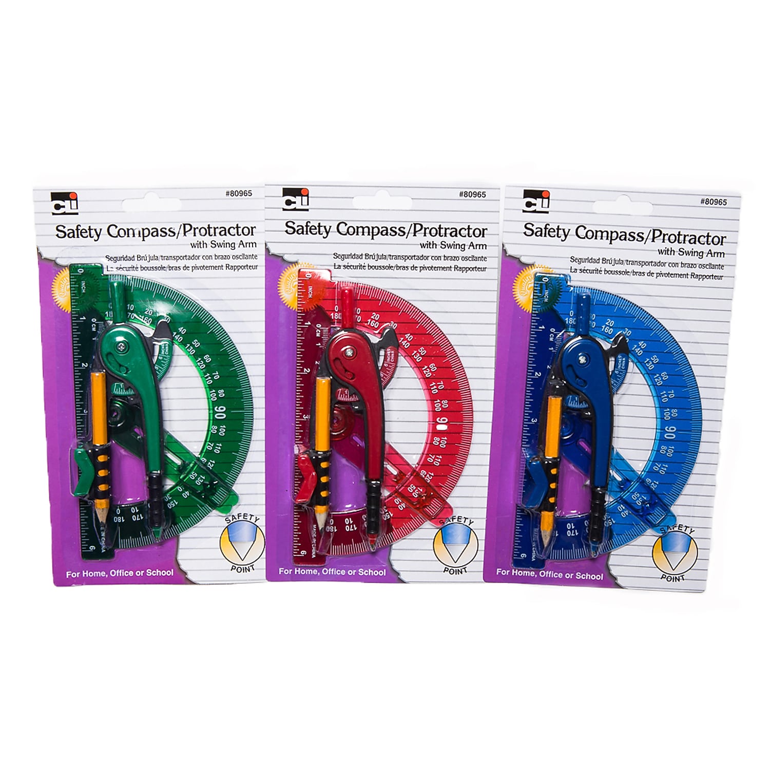 Charles Leonard Compass Safety and 6" Swing Arm Protractor, Assorted Colors, Pack of 12 (CHL80965ST)
